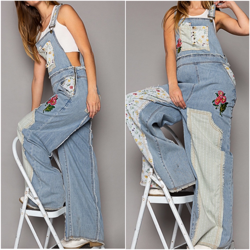 POL Blue Floral Patchwork Women Jeans Overalls - Picture 4 of 4